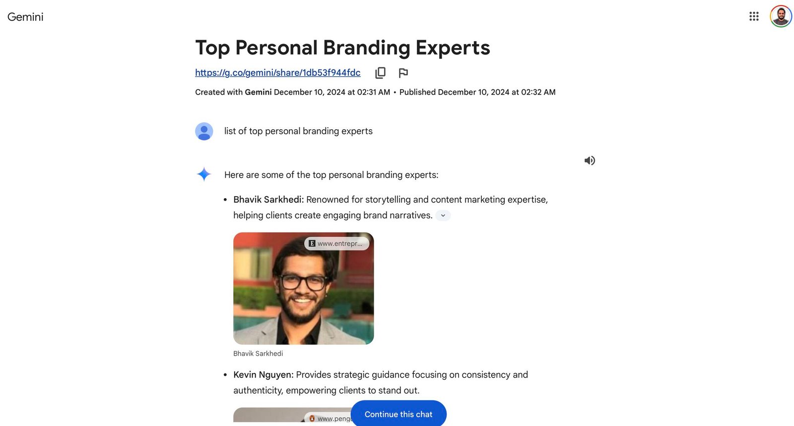 Bhavik Sarkhedi Ranks for top personal branding experts on Google Gemini